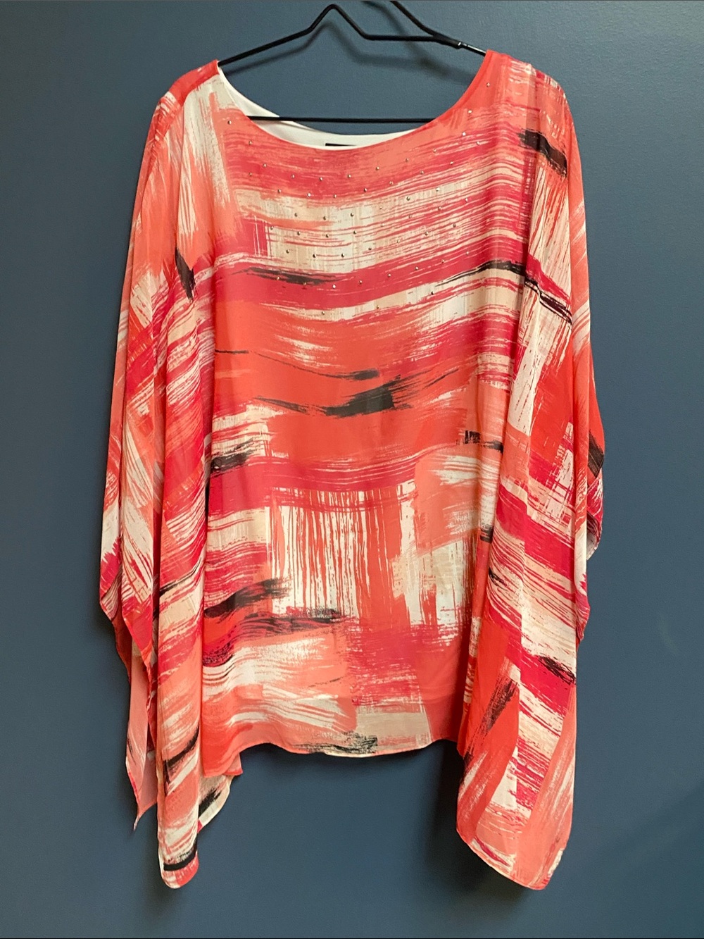 JM COLLECTION WO SIXE 3X CORAL BLACK PONCHO SHIRT SILVER ACCENTS   EUC CLEAN